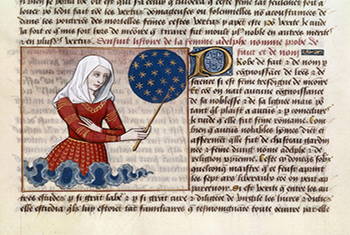 Η Faltonia Betizia Proba διδάσκει την ιστορία του κόσμου: από γαλλικό χειρόγραφο του 15ου αιώνα του Giovanni Boccaccio, De Claris Mulieribus